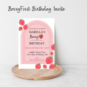 EDITIERBARE Rosa Gingham Beere Erste Geburtstagseinladung, Beere Erster Geburtstag Digitale Einladung Geburtstag, Erdbeere Erster Geburtstag Einladen