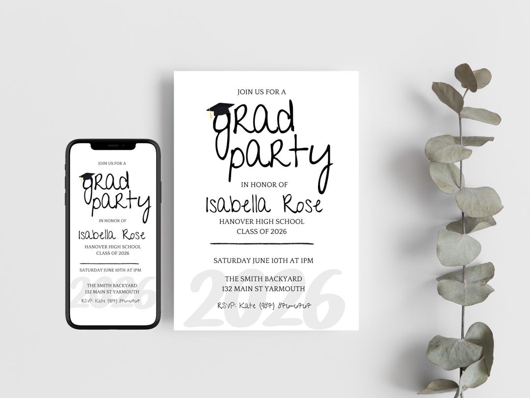 Simple Grad Invite Simple Graduation Party Invite Template, BOTH 4x6 and 5x7
