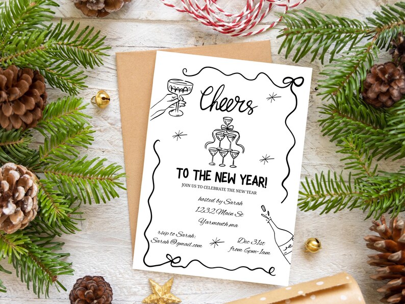 New Years Eve Party Invitation Hand Drawn, Whimsical New Year Party Invite, Disco Ball, Champagne Tower, Editable Template, NYE Party invite image 9