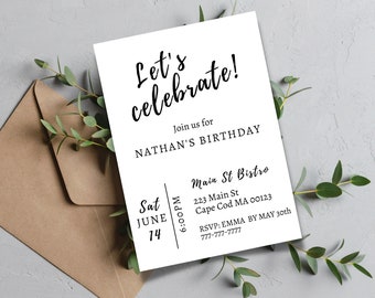 Let's Celebrate Party Invitation Online Editable Template, Surprise Birthday Party Invites, Anniversary Invites, Black White Invite for Him
