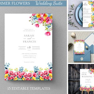 Könnte beinhalten: Eine Hochzeitssuite mit floralen Designs. Die Einladung zeigt die Namen "SARAH und FRANCIS" und das Datum "18. SEPTEMBER 2016". Die Suite umfasst eine Menükarte, eine Detailkarte und ein Willkommensschild, alle mit farbenfrohen floralen Akzenten. Der Text "SUMMER FLOWERS" steht oben.