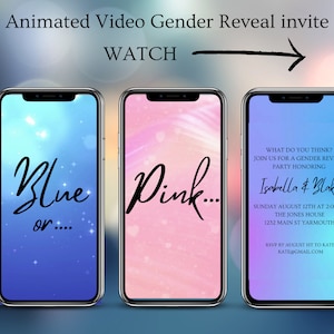 May include: A gender reveal party invitation with a blue and pink background. The text reads "What do you think? Join us for a gender reveal party honoring Isabella & Blake. Sunday August 12th at 2:00pm. The Jones House. 1232 Main St Yarmouth. RSVP by August 1st to Kate. Kate@gmail.com"