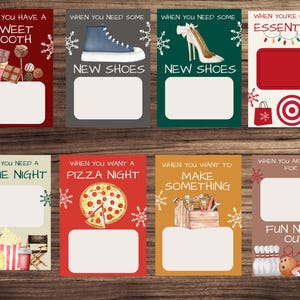 May include: Eight printable gift tags with a Christmas theme. Each tag has a different holiday-themed image and a blank space to write a gift recipient's name. The tags include images of candy, shoes, a movie night, pizza, a toolbox, and bowling.
