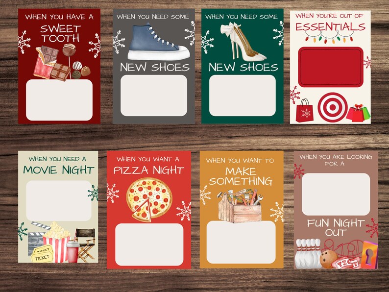 May include: Eight printable gift tags with a Christmas theme. Each tag has a different holiday-themed image and a blank space to write a gift recipient's name. The tags include images of candy, shoes, a movie night, pizza, a toolbox, and bowling.
