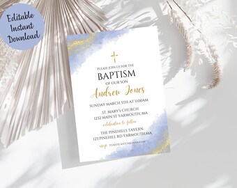 May include: A blue and gold baptism invitation with a cross at the top. The invitation reads "Please join us for the Baptism of our son Andrew Jones. Sunday March 5th at 11:00am St. Mary's Church 1232 Main St Yarmouth, MA. Celebration to follow The Pinehills Tavern 123 Pinehill Rd Yarmouth, MA. RSVP to Kate Katejo@gmail.com"