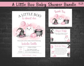 May include: A Halloween-themed baby shower bundle. The invitation and cards feature a ghost with a bow, a witch's hat, a cauldron, and pink pumpkins. The text reads "A Little Boo is almost due" and "Thank You".