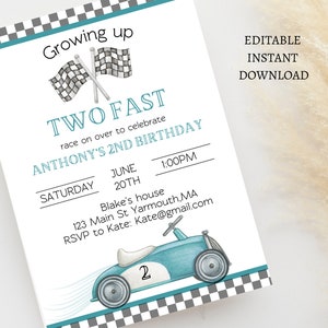 Editable TWO Fast Birthday Invitation Race Car 2nd Birthday Invite Racing Car Vintage Racecar Printable Template Instant Download