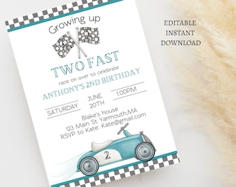 Editable TWO Fast Birthday Invitation Race Car 2nd Birthday Invite Racing Car Vintage Racecar Printable Template Instant Download