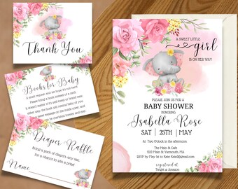 May include: Pink and yellow floral baby shower invitation with a cute gray elephant illustration. The invitation says "A Sweet Little Girl Is On Her Way" and includes the baby's name, Isabella Rose, the date and time of the shower, and the location. It also includes RSVP information and where the parents are registered.