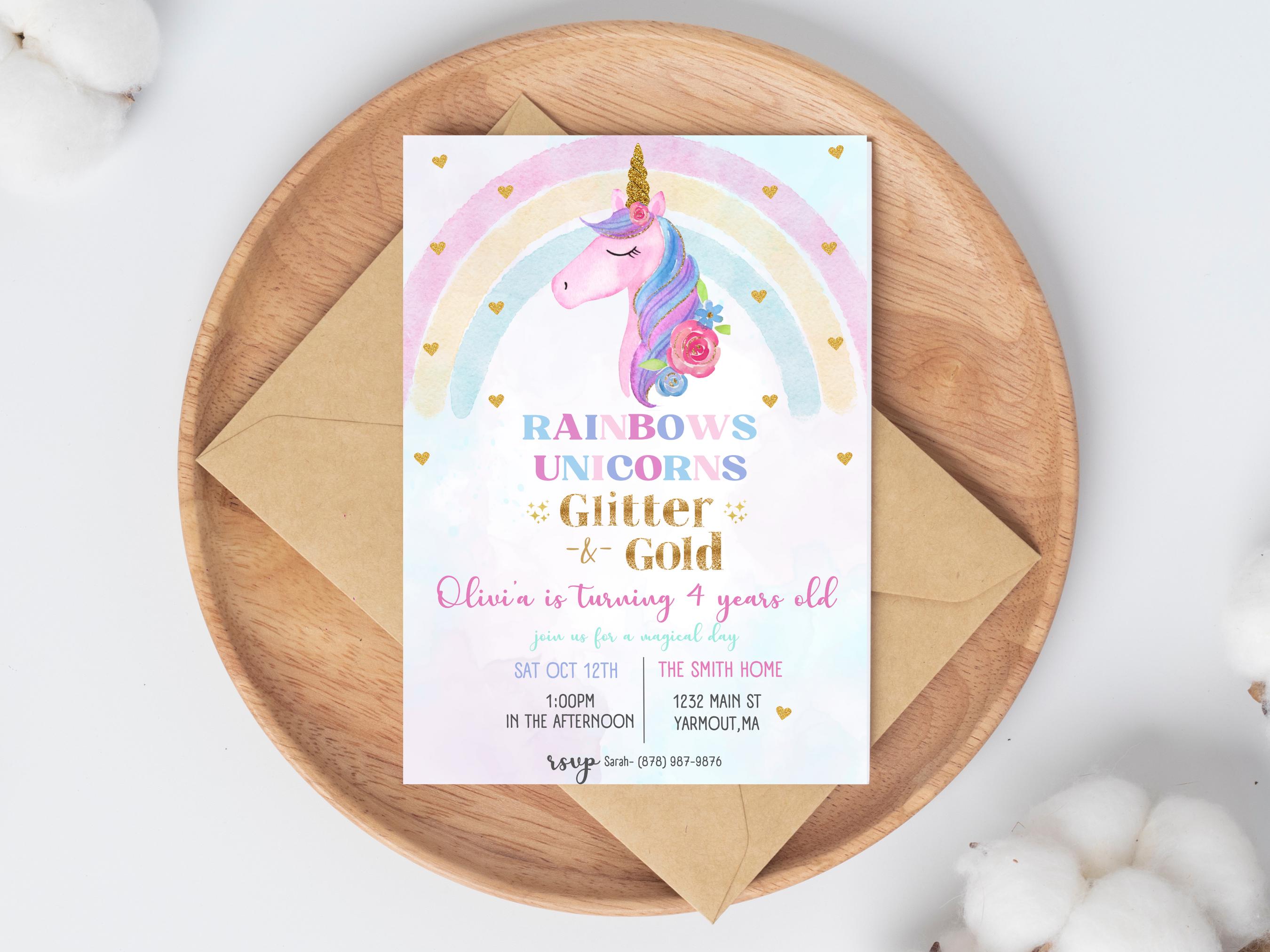 Unicorn Rainbow Birthday Invitation Unicorns Rainbows Sparkles and Gold ...