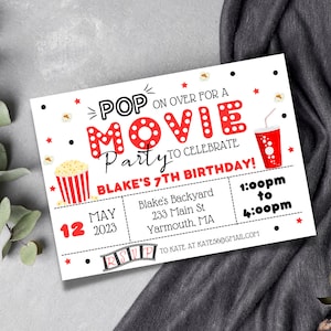 Movie Birthday Invitation, Cinema Birthday Invitation, Pop on Over ...