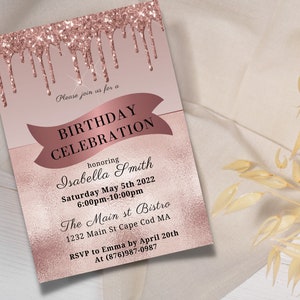 Editable Rose Gold Birthday Invitation, Rose Gold Glitter Drip, Dripping Glitter Invite, Printable, editable birthday invitation, rose gold