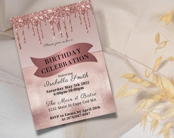 Editable Rose Gold Birthday Invitation, Rose Gold Glitter Drip, Dripping Glitter Invite, Printable, editable birthday invitation, rose gold