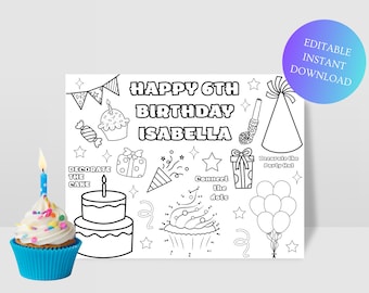 Birthday Coloring Placemat For Kids Personalized Party Sheet Paper Activity Table Mat Birthday Games Coloring Pages Editable Template Color