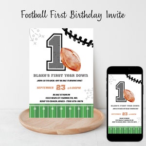 Football Birthday Invitation, First Year Down, Game On, Football Invite, Editable First birthday Invite Template, Boy Birthday Invite,