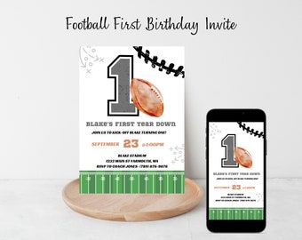 Football Birthday Invitation, First Year Down, Game On, Football Invite, Editable First birthday Invite Template, Boy Birthday Invite,