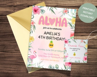 Tropical Birthday Invitation Hawaiian Invitation Luau Invitation Aloha Party Invite Pineapple Invite EDITABLE Instant Digital Download