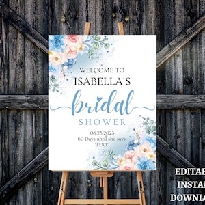 Bridal Shower Sign Template, Dusty Blue Bridal Shower, Editable Bridal Shower Welcome Sign, Dusty Blue Floral Bridal Shower Sign, printable