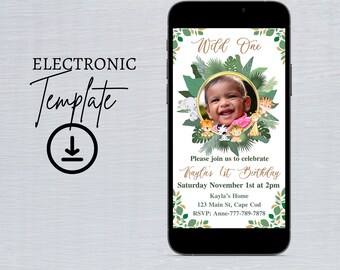 Wild One verjaardag Evite met foto, Safari 1e verjaardag elektronische uitnodiging sjabloon bewerkbare digitale download, Jungle eerste verjaardag tekst