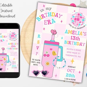 Trendy Tween Birthday Invitation In My Birthday Era, Groovy Retro Teen Girl Birthday Tumbler Friendship Bracelet Disco Instant Download teen