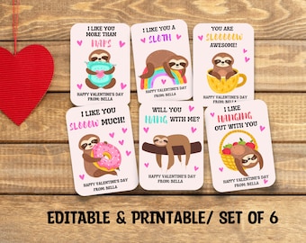 Afdrukbare luiaard Valentijnsdagkaarten, Valentijnsdagkaart voor kinderen, luiaard Valentine-sjabloon, DIY Valentine, Valentijnsdagkaarten voor kinderen,