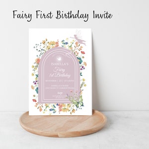 Editable Fairy 1st Birthday Invitation Enchanted Fairy First Birthday Garden Party Printable Invite Muted Blush Boho Wildflower Download
