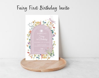 Editable Fairy 1st Birthday Invitation Enchanted Fairy First Birthday Garden Party Printable Invite Muted Blush Boho Wildflower Download