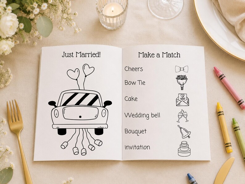 Może przedstawiać: Otwarta książka z aktywnościami weselnymi z napisem "Just Married!" i ilustracją samochodu z balonami w kształcie serca na lewej stronie. Prawa strona zawiera "Make a Match" z ilustracjami i słowami związanymi ze ślubem.