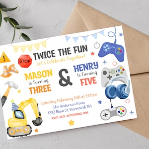 Sibling Birthday Invitation,Double Birthday Invitation,Dual Combined Twins Birthday Invitation,Twins, Gamer Invite, Construction invite