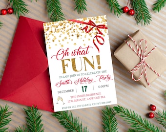 Christmas Party Invitation, Holiday Party Invitation, Oh What Fun! Holiday Party, Red Green Gold Instant Download Printable Editable