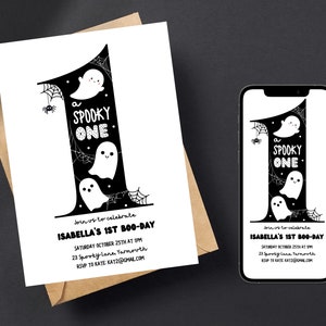 Spooky One Birthday Invitation Editable Cute Ghost 1st Birthday Party Invite Template Printable Minimalist Halloween Decor, first birthday
