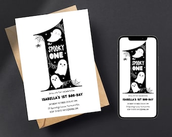 Spooky One Birthday Invitation Editable Cute Ghost 1st Birthday Party Invite Template Printable Minimalist Halloween Decor, first birthday