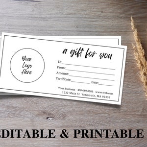 Modern Gift Certificate Template Printable, Editable Gift Certificate Template with Logo, Editable Gift Card, Instant Download Gift Voucher