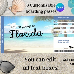 Biglietto di viaggio stampabile, Biglietto di viaggio a sorpresa, Carta d'imbarco modificabile, Viaggio a sorpresa, Modello di biglietto, Regalo a sorpresa, Biglietto stampabile, Florida