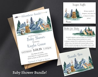 May include: A baby shower invitation with a woodland theme. The invitation features a watercolor illustration of a forest with animals like owls, raccoons, bears, and deer. The text on the invitation reads "Adventure Awaits!" and includes the date, time, and location of the shower. The invitation also includes a request for guests to bring a book instead of a card.