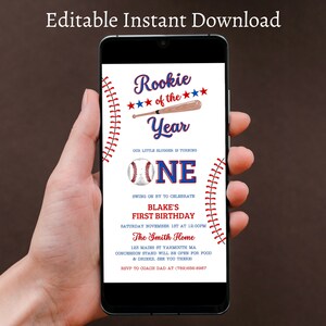 Baseball First Birthday Text Invite | Digital Rookie of the Year Invite | Baseball Birthday Party | Boy Birthday | Editable Template |