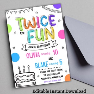 Sibling Birthday Invitation,Double Birthday Invitation,Dual Combined Twins Birthday Invitation,Twins, Boy and Girl Double Invite, Two Theme