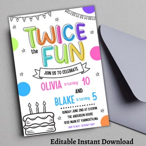 May include: A colorful birthday party invitation with the text "Twice the Fun" in a rainbow font. The invitation is for Olivia turning 10 and Blake turning 5. The invitation includes a black and white outline of a birthday cake with candles.