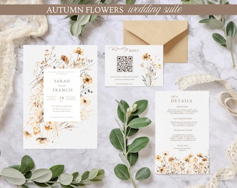 Autumn wildflower wedding invitation set template fall wedding invitations fall wildflower wedding orange red fall floral elegant boho 0293