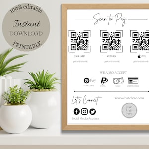 Bearbeitbare Scan-to-Pay-Karte, bearbeitbare Canva-Vorlage, QR-Code-Zeichenvorlage, CashApp PayPal-Zeichen für kleine Unternehmen, Venmo-Zahlung druckbar.