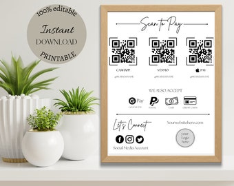 Editable Scan to Pay Card, Editable Canva Template, QR Code Sign Template, CashApp PayPal Sign for Small Business, Venmo Payment Printable.