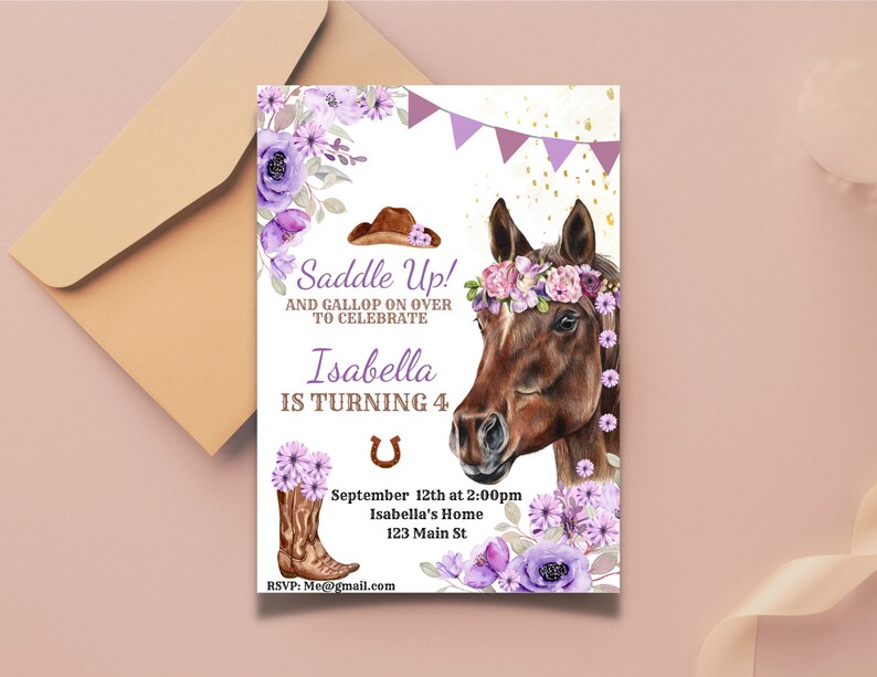 Editable Horse Birthday Invitation Girl Saddle up Watercolor Etsy