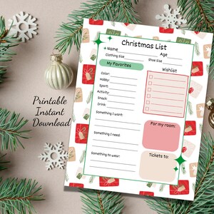 Kinder Weihnachten Wunschliste, druckbare Geschenk Wunschliste, Kinder X-Mas Wunschliste, Kinder Urlaub Wunschliste, Brief an Santa, sofort Download