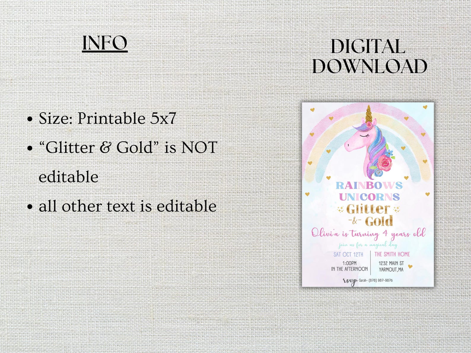 Unicorn Rainbow Birthday Invitation Unicorns Rainbows Sparkles and Gold ...