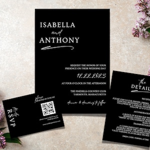 Black Wedding Invitation Suite, Black and White Wedding Invitation Set, Minimalist, Modern Editable Template, QR Code Rsvp, INSTANT Download