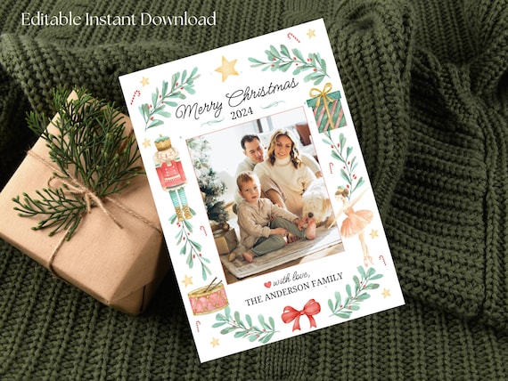 Nutcracker Christmas Photo Card Template, Holiday Photo Card Printable, DIY Christmas Card, 5x7, Editable Instant Download,Photo Card