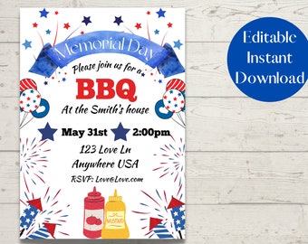 Invitación del Día de los Caídos, Invitación a la barbacoa del Día de los Caídos, Plantilla de invitación imprimible, Invitación a la fiesta del Día de los Caídos, Barbacoa del Día de los Caídos, Invitación a la comida al aire libre
