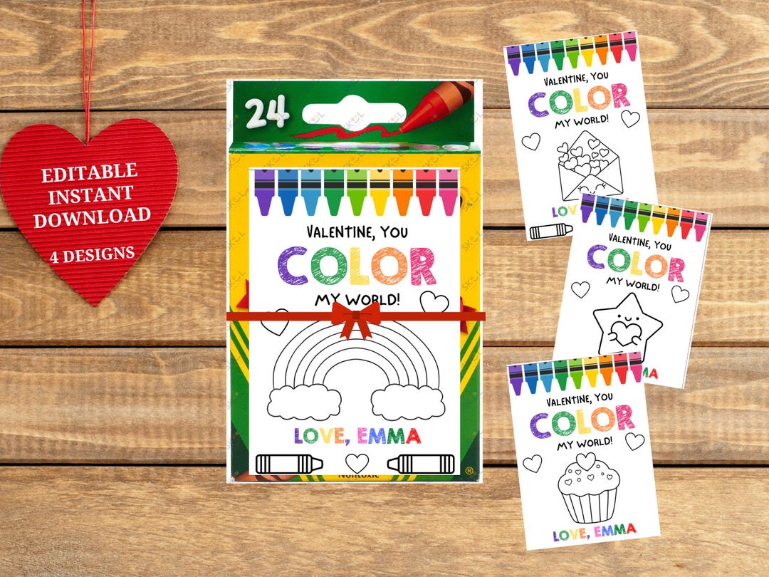 Valentine Cards for Kids PRINTABLE, Color My World Valentines ...