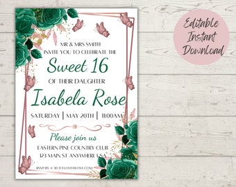 Könnte beinhalten: Eine weiße Einladung mit einem rosa und goldenen Rahmen, der mit grünen und rosa Blumenmustern verziert ist. Der Text lautet "MR & MRS SMITH INVITE YOU TO CELEBRATE THE Sweet 16 OF THEIR DAUGHTER Isabela Rose SATURDAY | MAY 20TH | 11:00AM Please join us EASTERN PINE COUNTRY CLUB 123 MAIN ST ANYWHERE USA RSVP BY 4/30 TO LOVEDLOVE.COM"