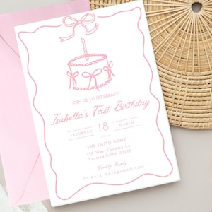 Coquette Bow 1st Birthday Invitation Girl First Birthday Template Printable, Blush Pink Bow Invitation 1st Birthday Girl Girly Birthday